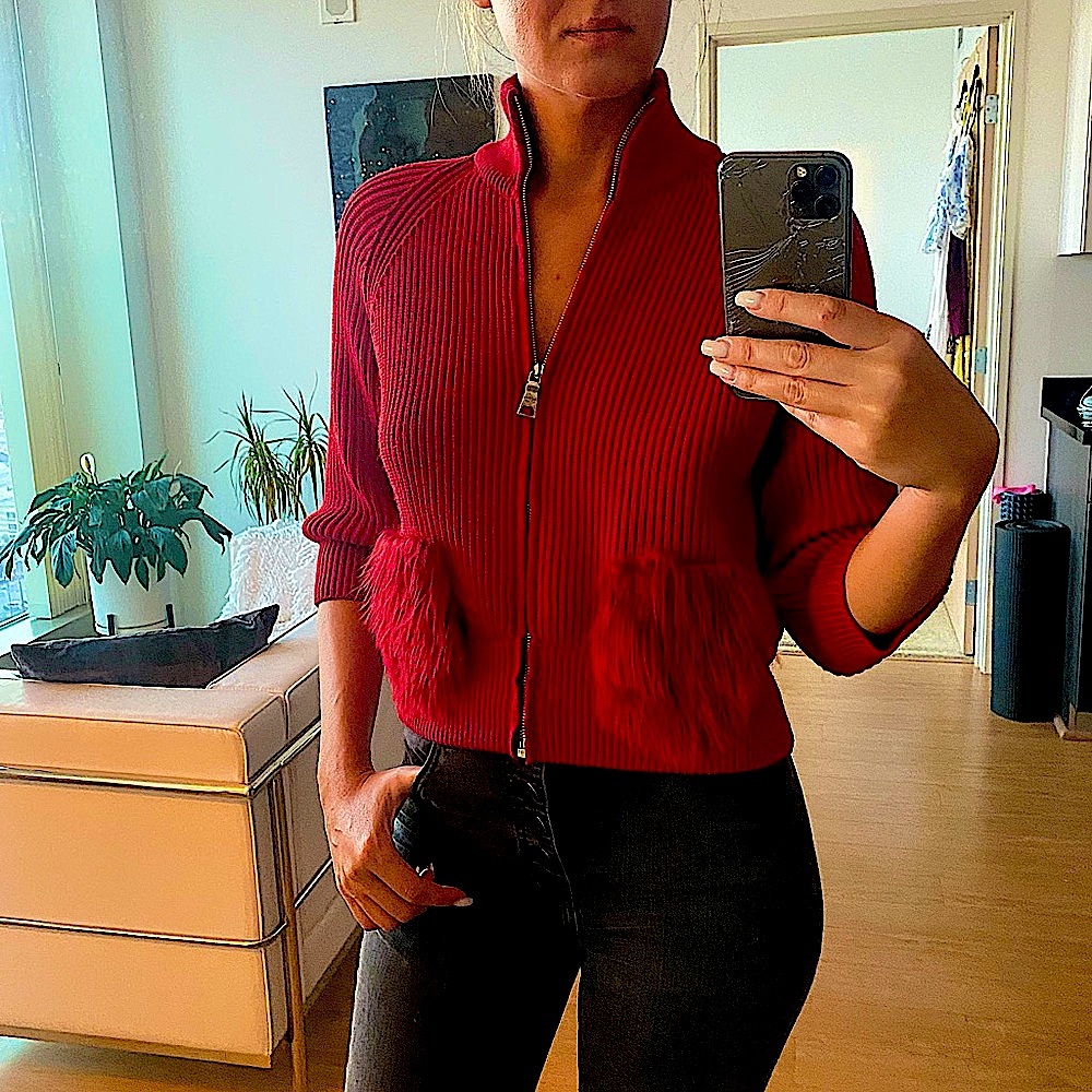 🖤Prada | Red Fuzzy Knit Zip Sweater-B13 size 42 or Small with ostrich feathers